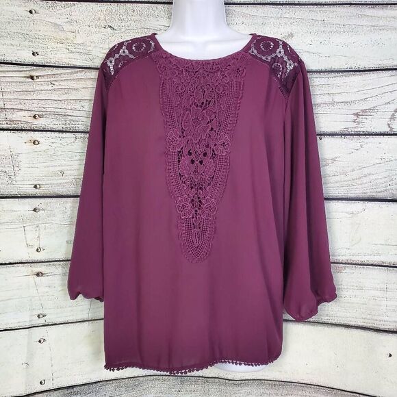 Maurices Purple Crochet Lace Blouse Long Sleeve Size 2 Sheer Feminine Boho Top - Picture 2 of 9